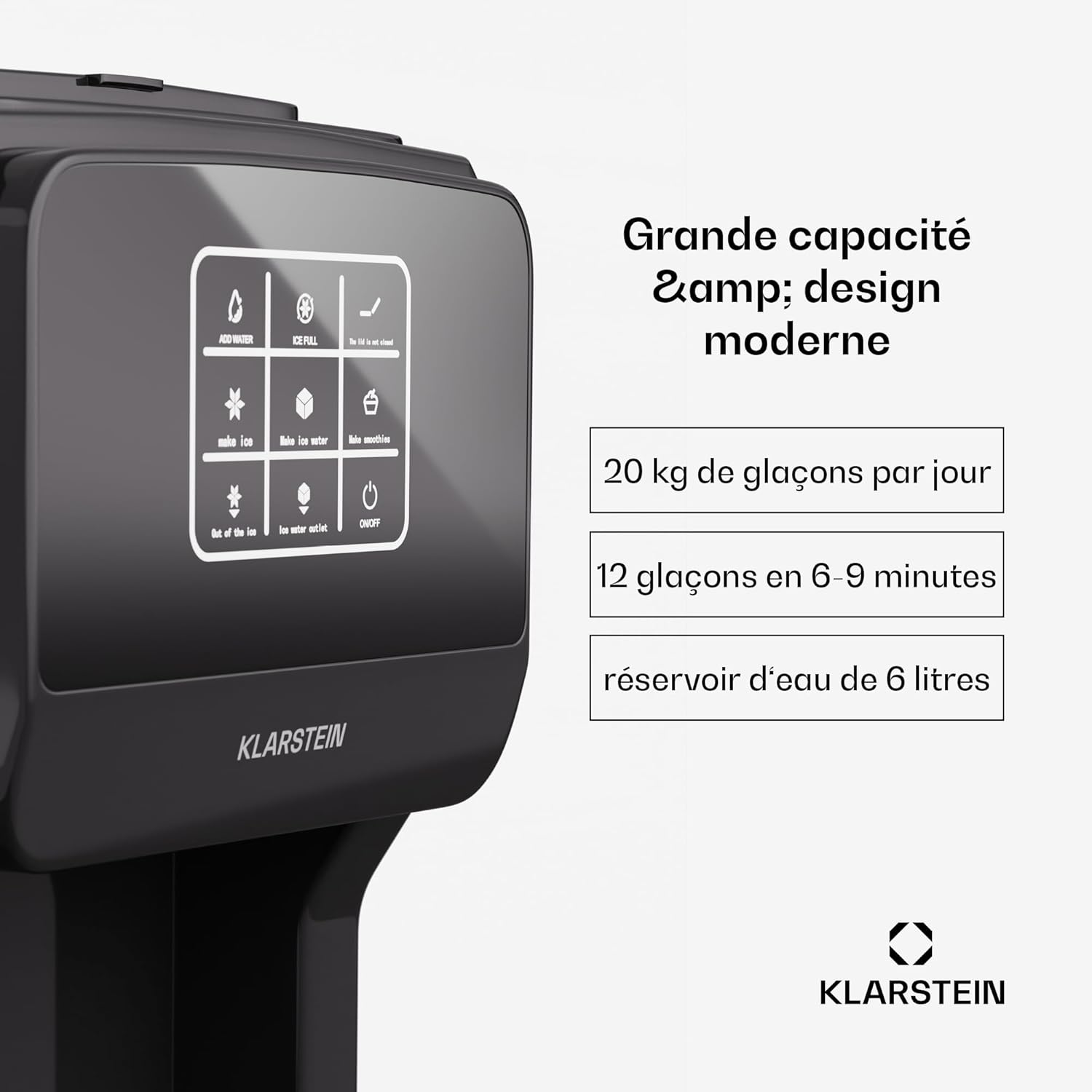 Klarstein ArcticBlend 3-en-1 machine à glaçons, 20 kg/24 h, glaçons et glace pilée, distributeur d'eau, réservoir 6 L, acier inoxydable, machine à glacons maison, noir – Image 2