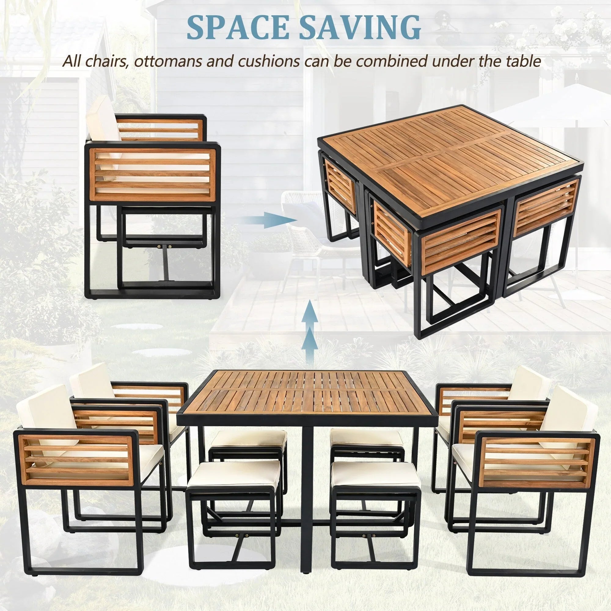 18-Pieces Acacia Wood Patio Dining Set, 8 Cushioned Chairs & 8 Ottomans & 2 Square Table – Image 4
