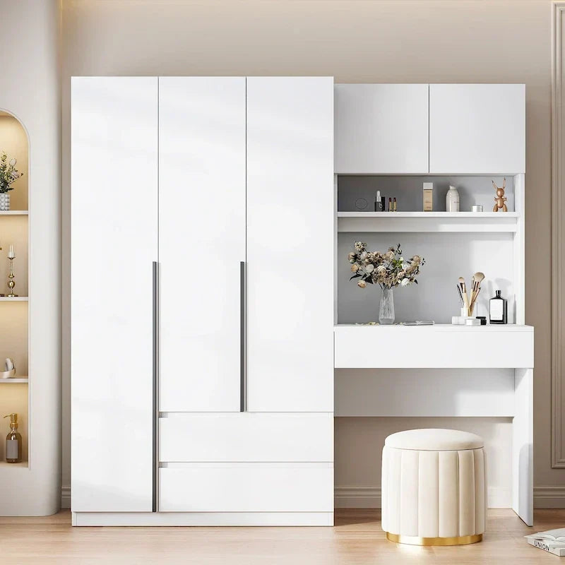 3-in-1 Wardrobe Closet with Vanity Desk, Desk Set, Bedroom Armoire with 2 Drawers 3-Door Storage Desk Wardrobe – Image 5