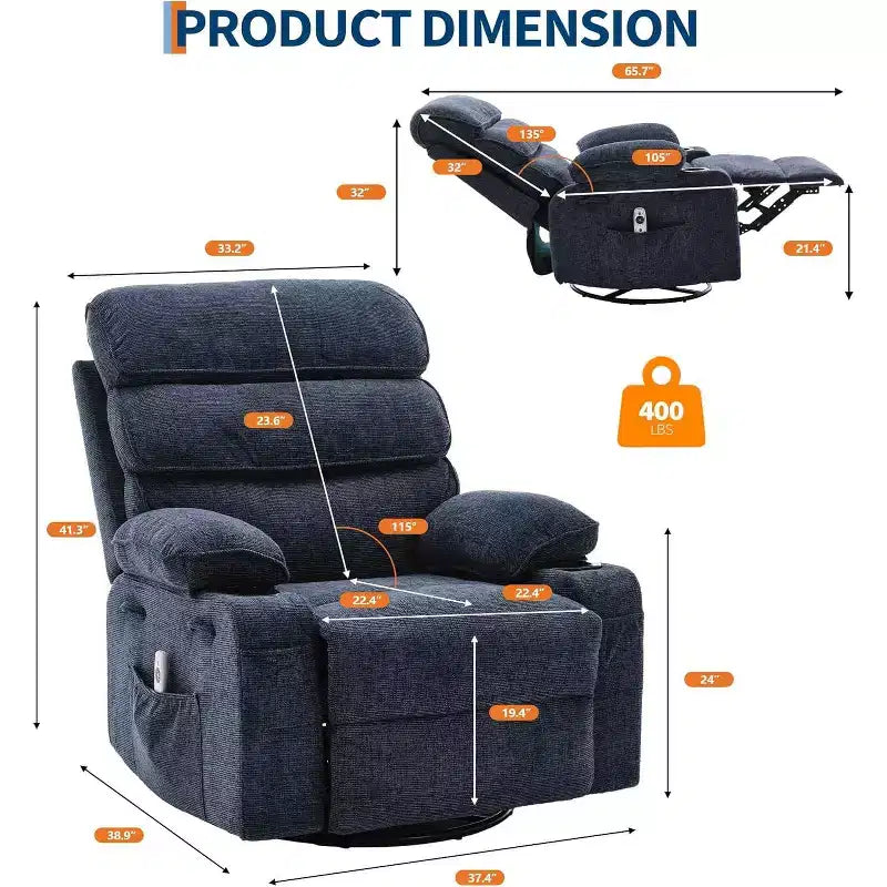 Massage Rocker Recliner with Heating, 360 Swivel Glider Recliner Chairs for Adults, Linen Nursery Chair with Side Pocket, Two Cup Holders – Image 4