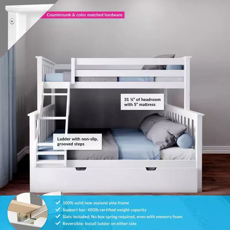 Max & Lily Solid Wood Bunk Bed, Twin over Full with Storage Trundle and Ladder for Kids – Image 6