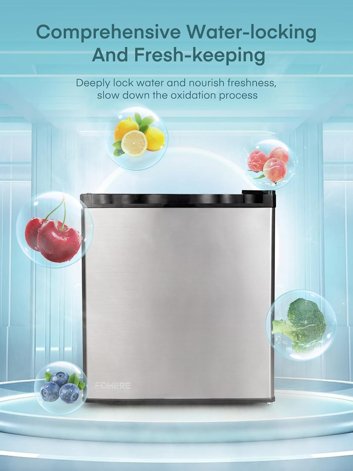 FOHERE Mini Réfrigérateur 46L, Petit Frigo avec Thermostat Réglable, Économie d'Énergie, Silencieux, Porte Réversible, Minibar, Adapté à la Maison et au Bureau, Dortoir, Hôtel, Inox – Image 6