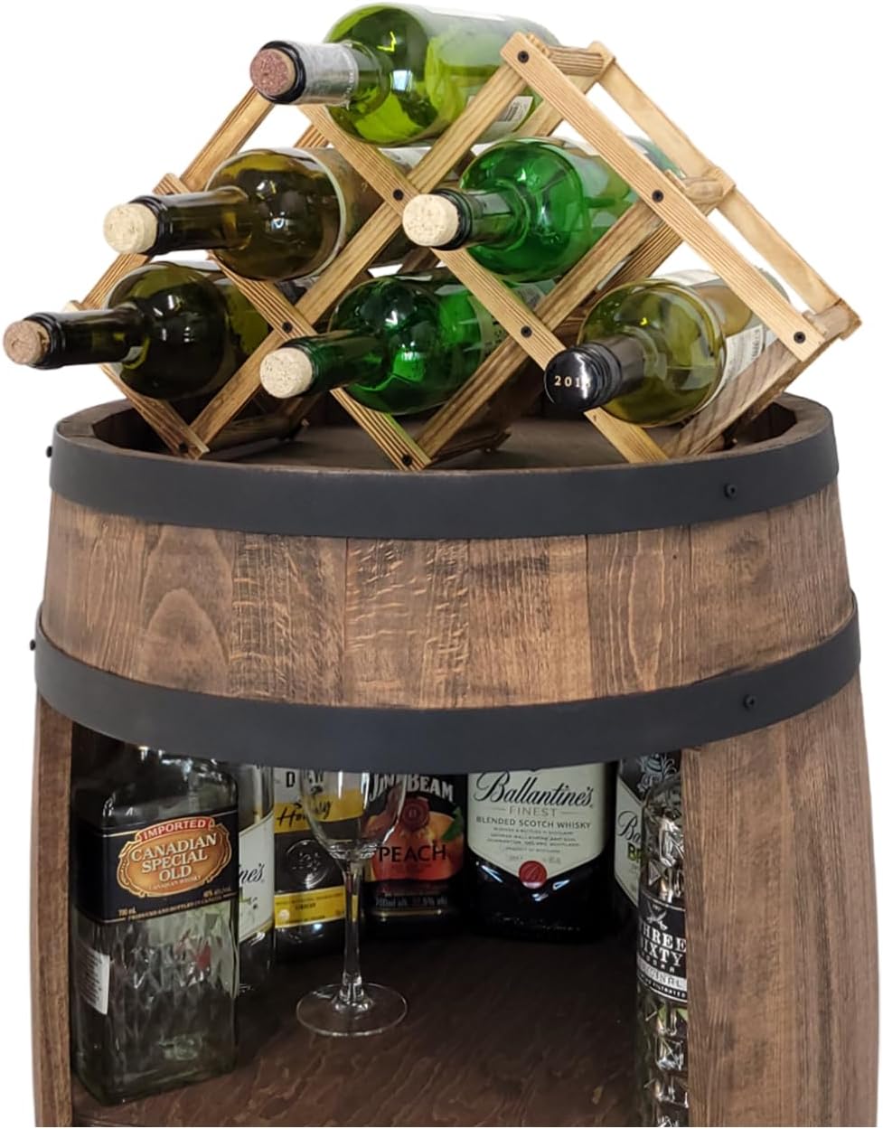 weeco Tonneau Bar en Bois avec Éclairage LED – Casier à Vin avec 2 Étagères et Porte-Bouteilles – Bar Rustique pour Salon ou Cave à Vin – Décoration Vintage – 80x50cm Marron – Image 2
