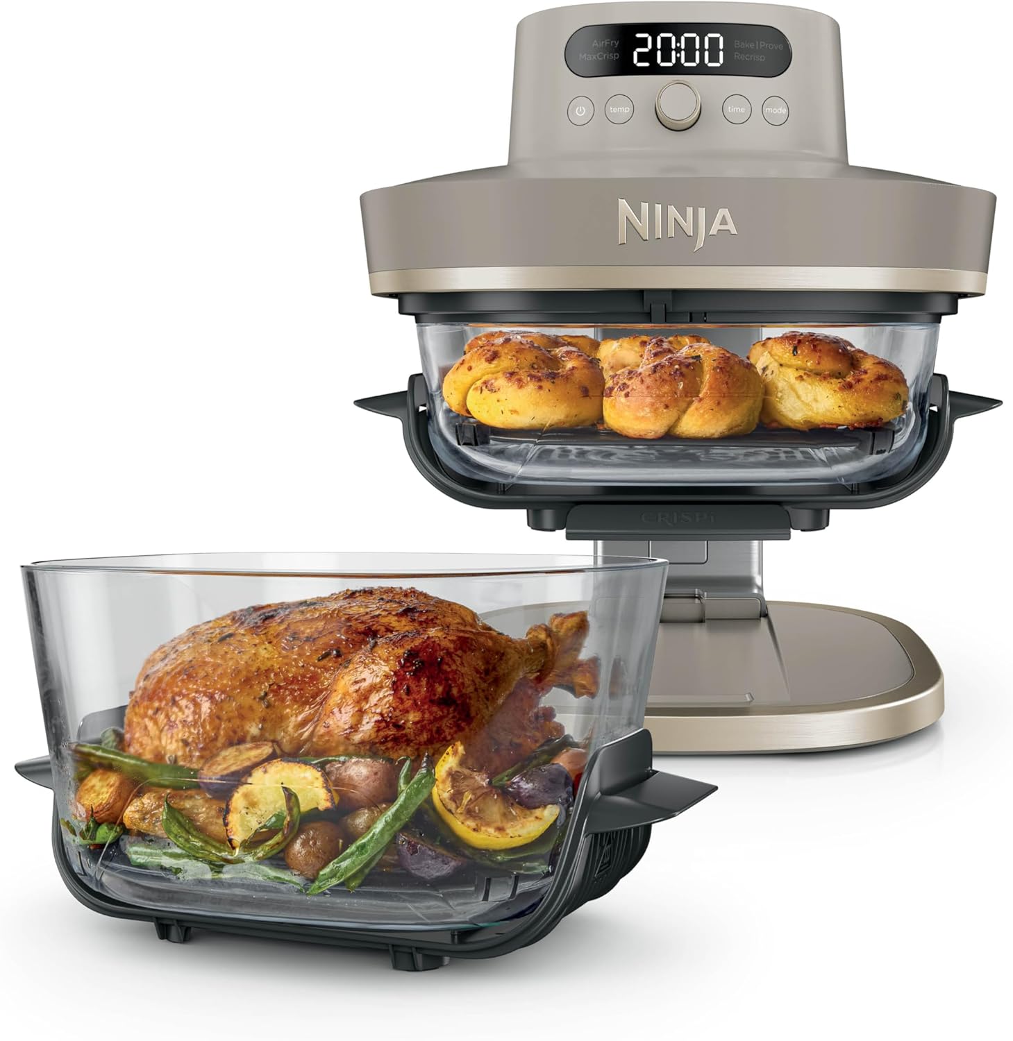 Ninja CRISPi PRO XL, Friteuse sans huile en verre, 5 modes de cuisson prédéfinis, avec contenants en verre CleanCrisp de 5,7 l et 2,3 l, couvercles de rangement, Stone/Or AS090EUSD – Image 2