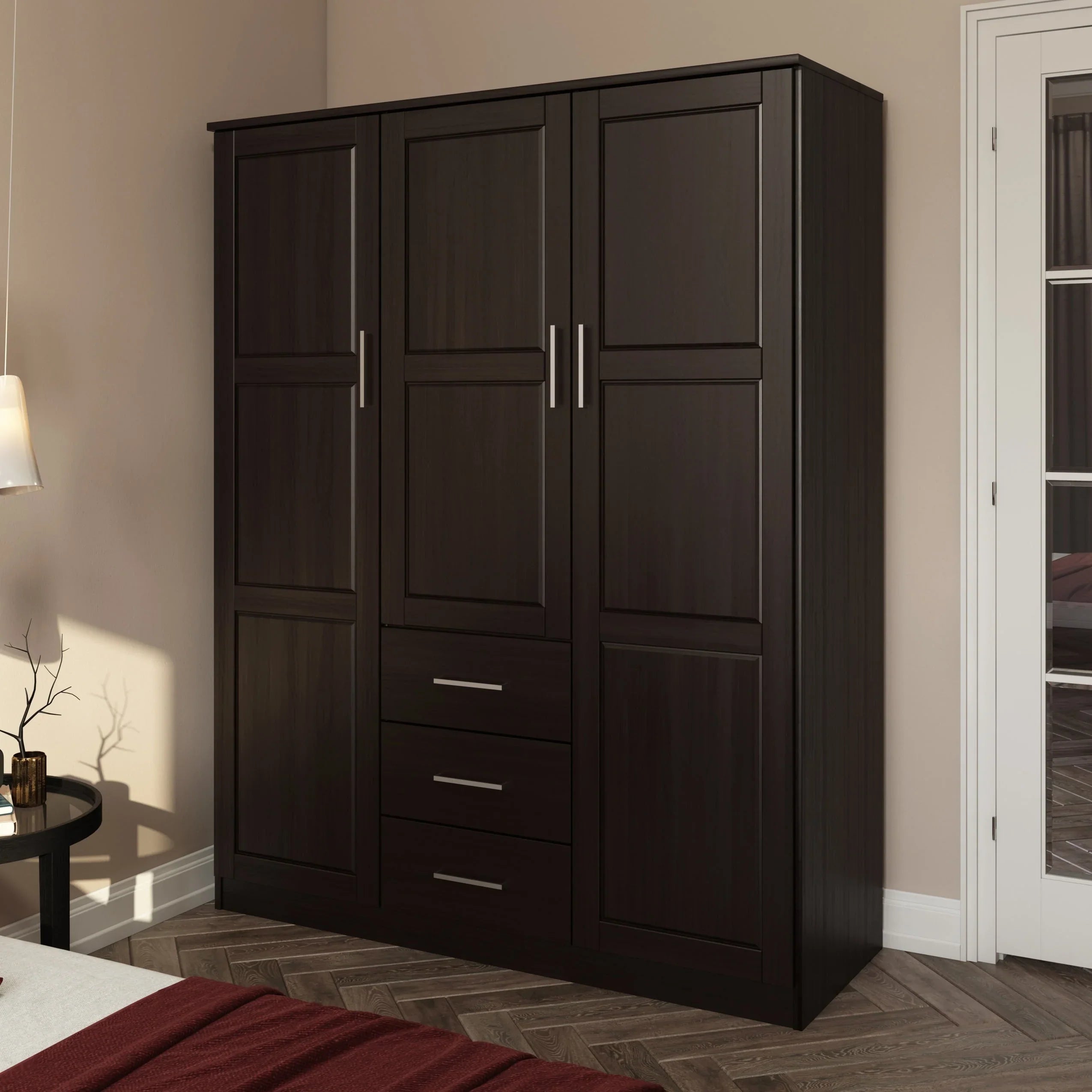 Palace Imports 100% Solid Wood Cosmo 3-Door Wardrobe Armoire with Solid Wood or Mirrored Doors – Image 43