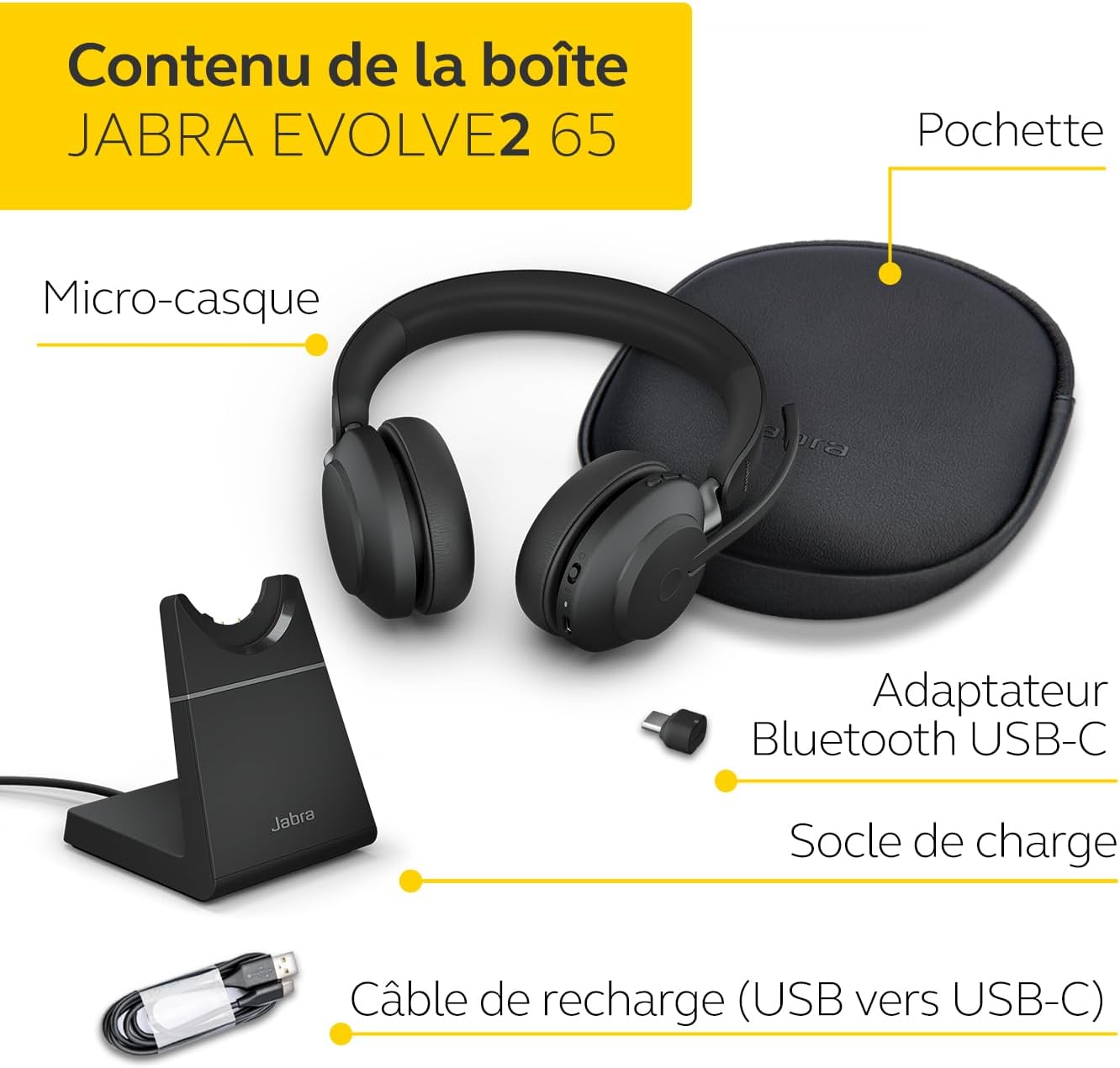 Jabra Evolve2 65 Casque PC Sans Fil avec Station de Charge - Casque Audio Certifié Microsoft Teams avec Batterie Longue Durée - Adaptateur Bluetooth USB-C - Noir – Image 4