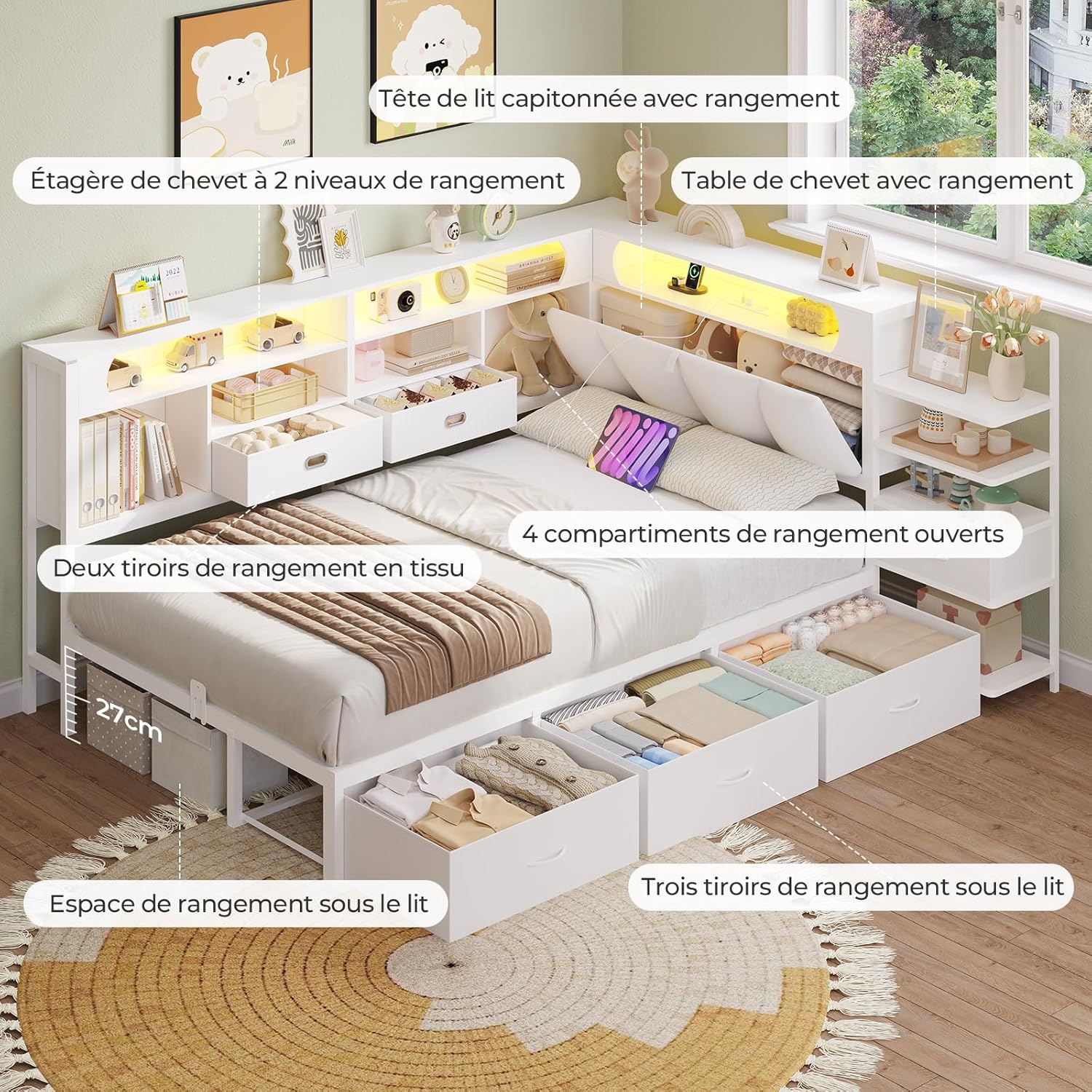 DICTAC Lit 90x190 en L – Banquette-Lit 1 Place avec Tête de Lit Capitonnée (Rangement Secret + Table de Nuit Intégrée), LED RGB & Recharge | Idéal pour Studio & Chambre (Blanc) | 3tiroirs sous le lit – Image 3