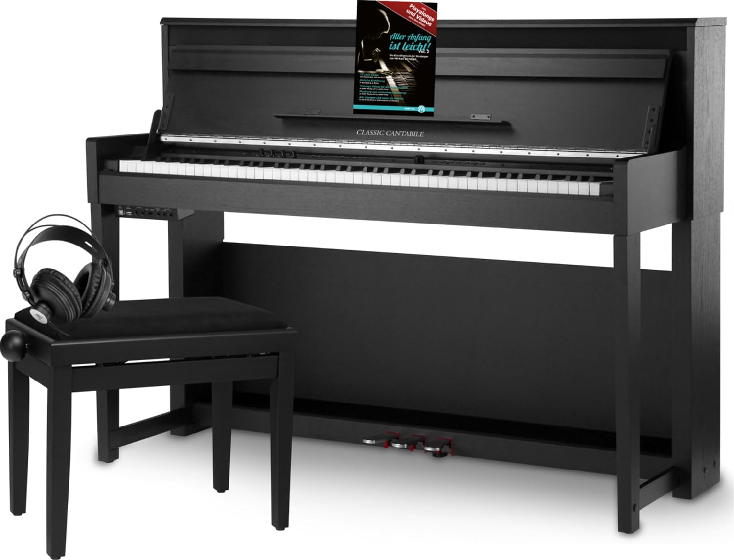 Classic Cantabile UP-1 SM Piano Droit Numérique - 88 Touches Clavier électronique à marteaux - Synthetiseur avec USB, MIDI, 40 voix, 256 polyphonie - Set avec Banc et Casque - Noir Mat