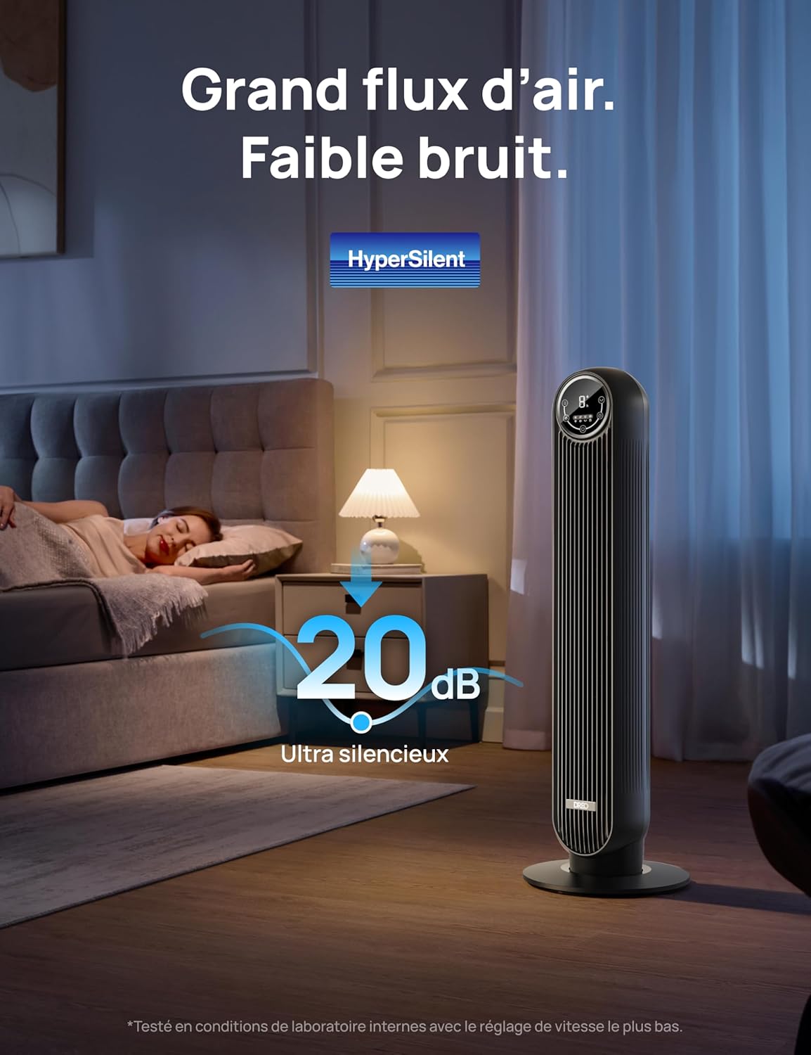 Dreo 20dB ventilateur colonne silencieux pour chambre, 7,6 m/s, oscillant à 90°, 92 cm, avec télécommande, ventilateurs tour équipés de 4 vitesses, 4 modes, et minuterie 8H, noir, Nomad One – Image 3