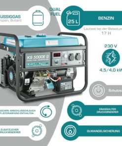 Alternative view of Groupe électrogène à essence/gaz KS 5000E G Könner & Söhnen, puissance maximale 4500W, démarrage manuel/électrique, prises 2x16A, 12 V, régulateur de tension automatique (AVR), affichage LED.