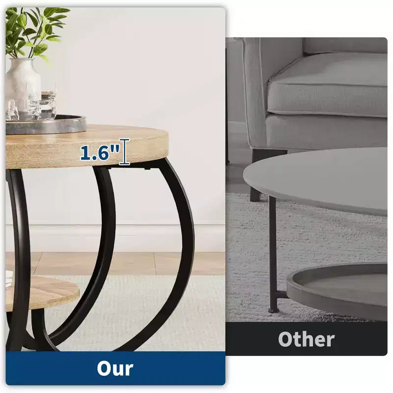 30 Inch Round Industrial Coffee Table 2-Tier with Adjustable Feet Wood Grain Shelf Flame Design Easy Assembly Living Room – Image 15