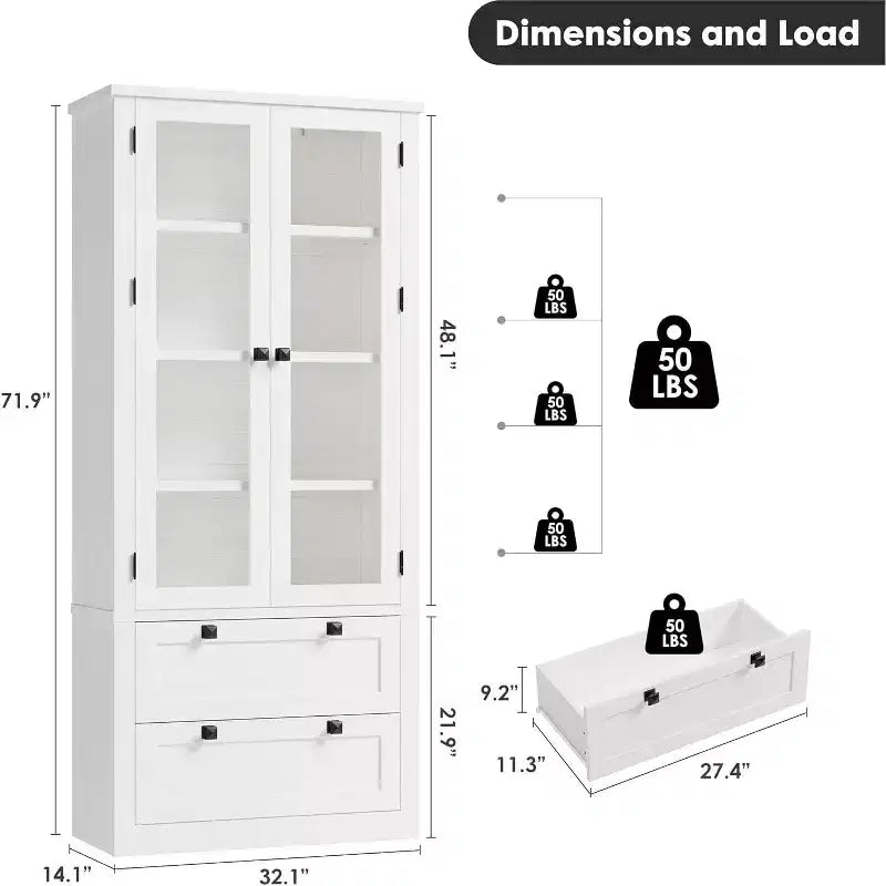 Farmhouse Kitchen Pantry Cabinet with Glass Doors, 72in Storage Cupboard with Drawers and Adjustable Shelves for Dining Room Bathroom Living Room – Image 23