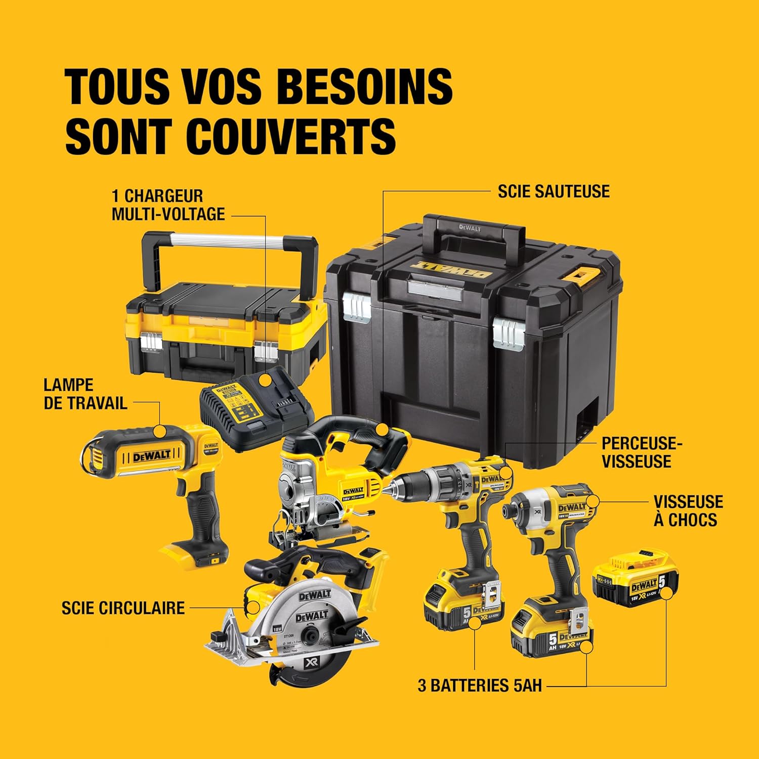 Pack 5 outils XR 18V, 1 perceuse-visseuse, 1 visseuse à chocs à 3 vitesses, 1 scie sauteuse, 1 scie circulaire, 1 lampe LED, 3 batteries 5Ah, 1 chargeur et 2 coffrets TSTAK, DCK551P3T-QW – Image 9