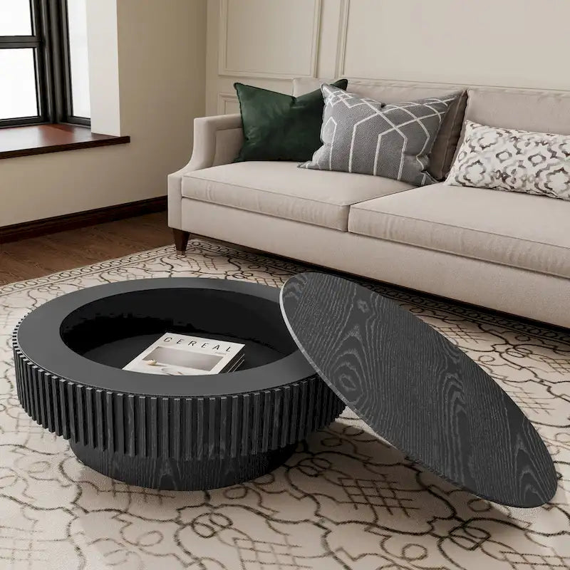 Modern Solid Wood Veneered Round Coffee Tea Table with Storage – Image 20