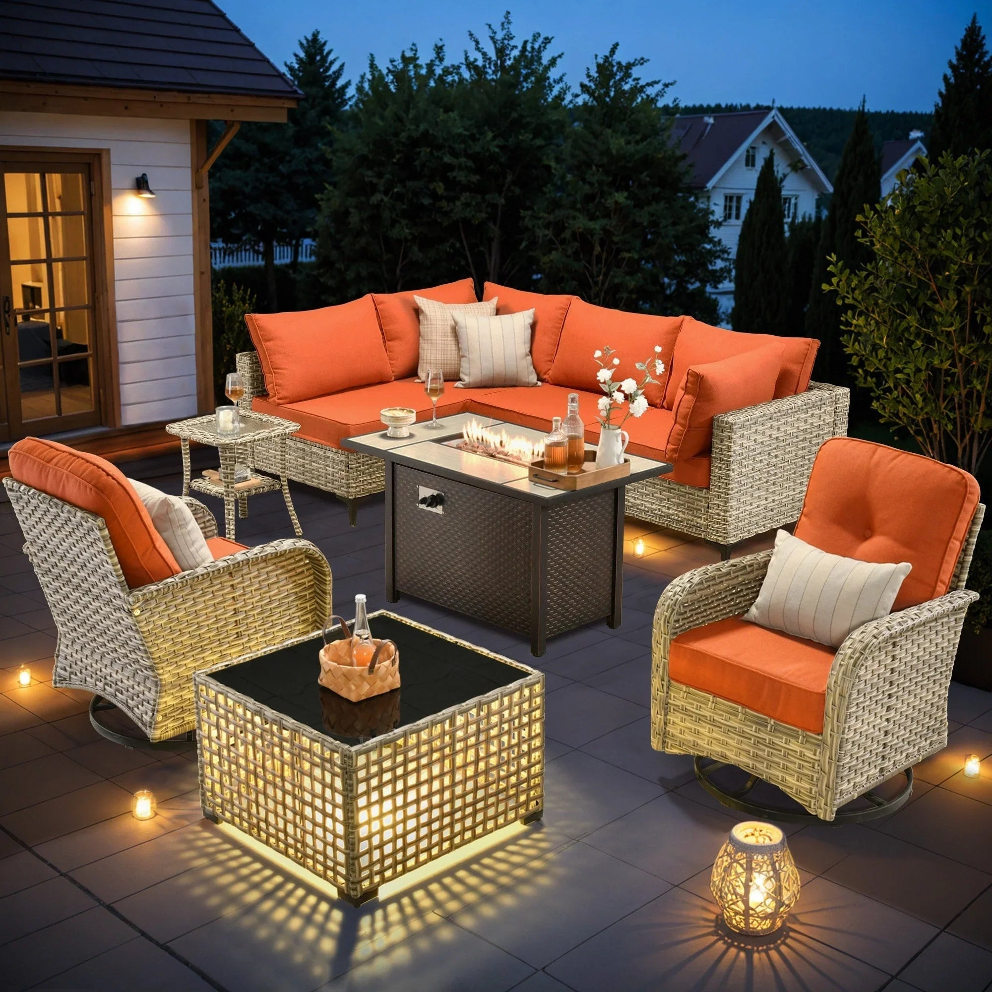 OVIOS 9 Pieces Outdoor Wicker Swivel Chair Set With Fire Table – Image 24