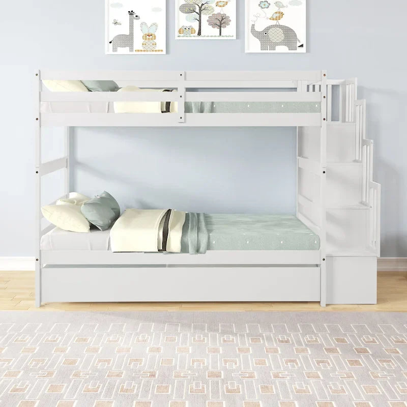 Twin over Twin Bunk Beds With Twin Trundle and Stairway Storage Function in Grey Color – Image 9