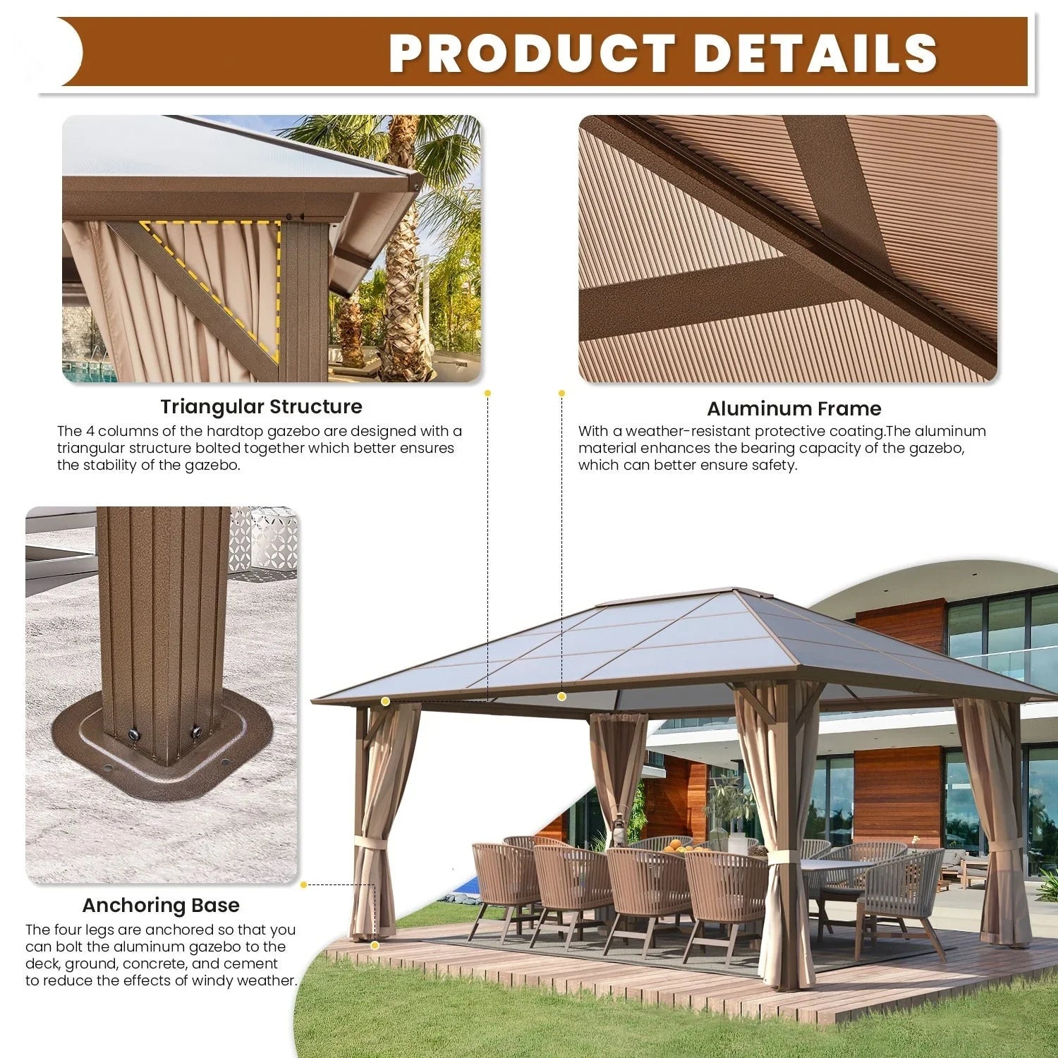 EROMMY Hardtop Gazebo,Outdoor Pergola with Double Roof & Netting & Curtains,Heavy Duty Canopy for Patio, Backyard, Pool party – Image 23
