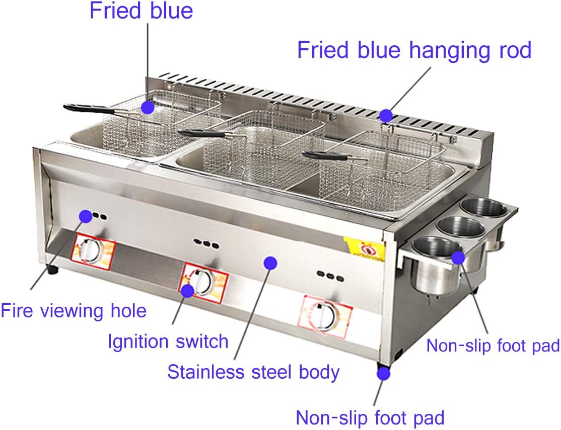 Friteuse épaisse à gaz en acier inoxydable, friteuse à panier à trois cylindres commerciale avec couvercle friteuse de grande capacité pour frire les aliments frites domestiques poulet frit 10L x 3 – Image 2