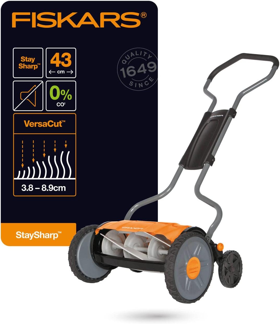 Fiskars Tondeuse à gazon manuelle, Tondeuse à cylindre avec système de coupe sans frottement des lames, Largeur de coupe: 43 cm, StaySharp Plus, Noir/Orange/Argenté, 1015649 – Image 2