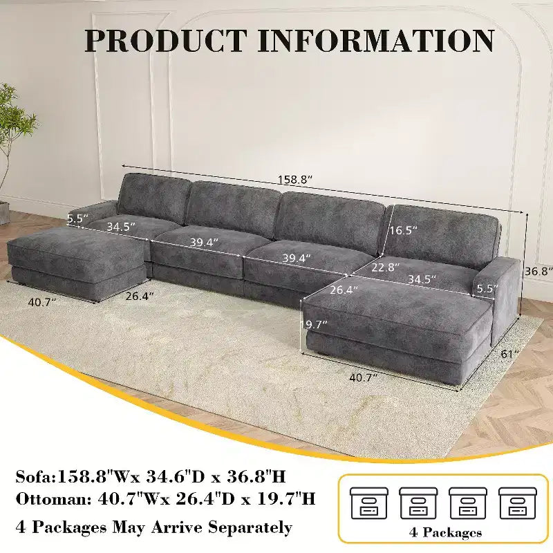 Dyonery 158 Extra Large Modular Sectional Sofa, CHENILLE Fabric with Deep Seat, Tool-Free Assembly – Image 27