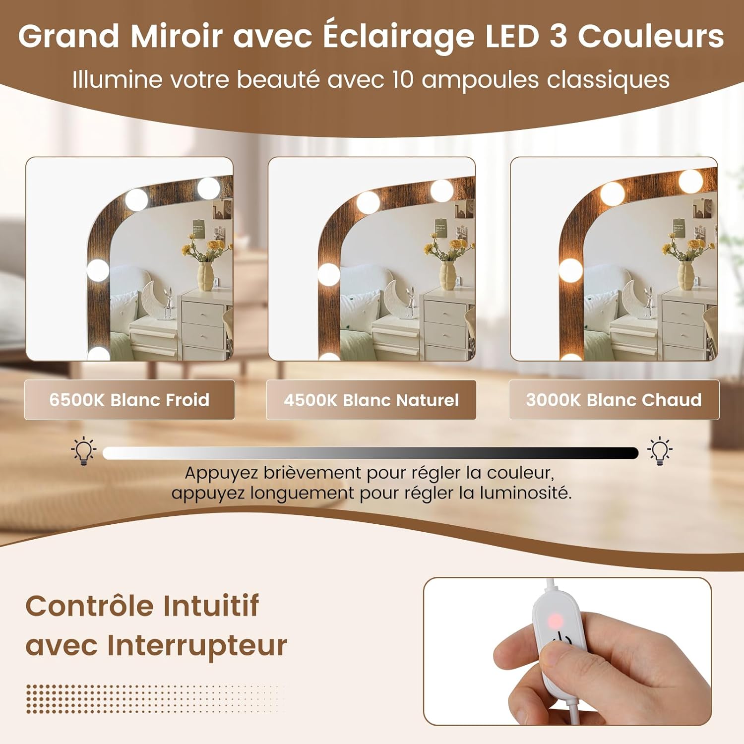 COSTWAY Coiffeuse avec Miroir et Tabouret, Coiffeuse avec Rangement, Station de Charge, 3 Couleurs de Lumière, Table de Maquillage 108 cm de Large, 3 Compartiments, 3 Tiroirs, 2 Armoires Industriel – Image 4