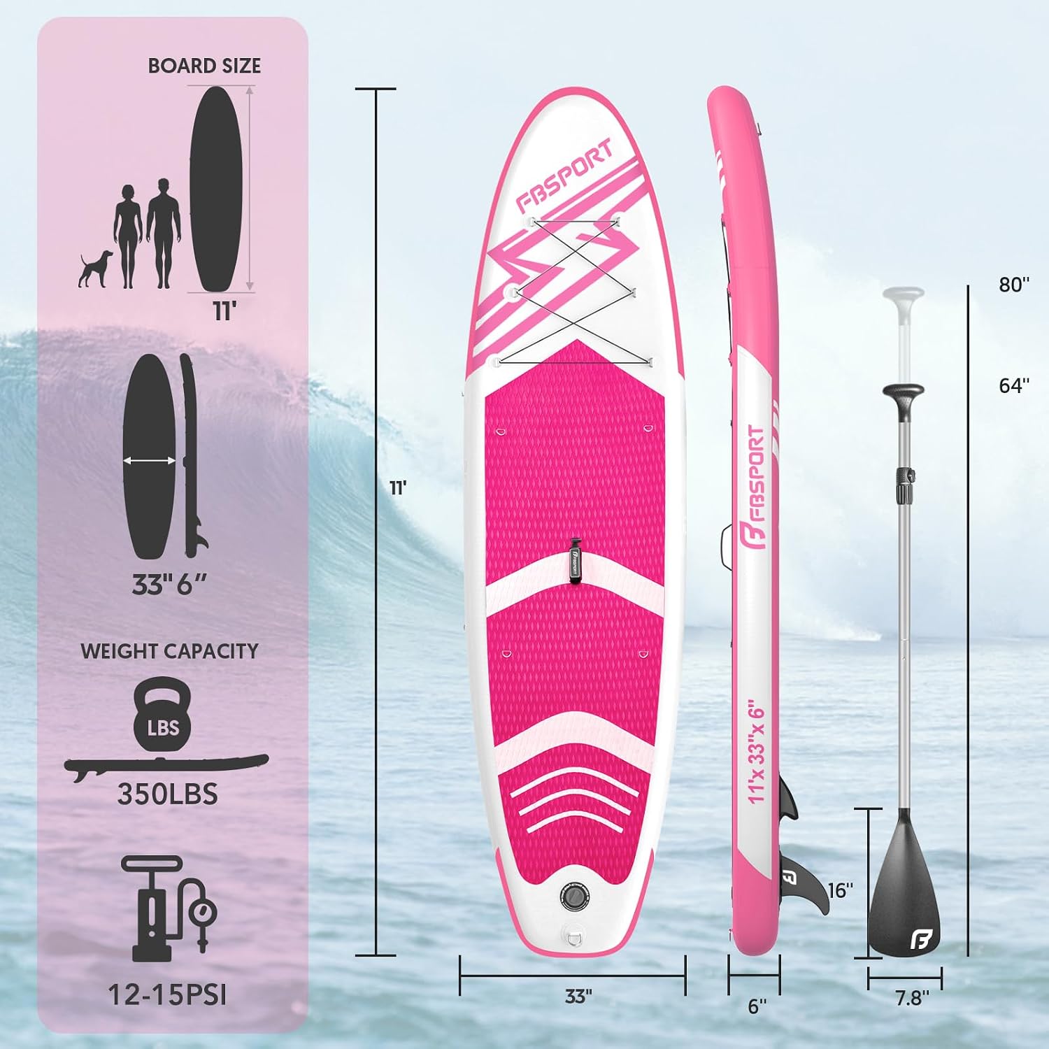 FBSPORT 11' Premium Inflatable Stand Up Paddle Board, Yoga Board with Durable Sup Accessories & Carry Bag.Wide Stance, Surf Control, Non-Slip Deck, Leash, Paddle and Pump for Youth & Adult – Image 2