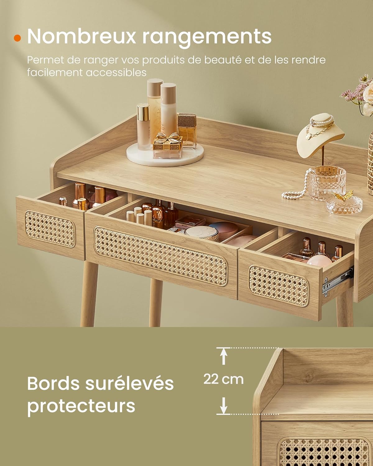 SONGMICS HOME Coiffeuse avec Miroir et Lumière, Table de Maquillage, 3 Tiroirs Imitation Rotin, Lumière Réglable avec 3 Couleurs, Style Bohème, Chambre, Beige Chêne RVT007Y01 – Image 6
