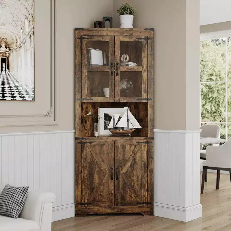 67 in Tall Corner Storage Cabinet with Lights, Farmhouse Corner Hutch Display Cabinet with Glass Doors, Wooden Storage Organizer for Kitchen, Bathroom – Image 8