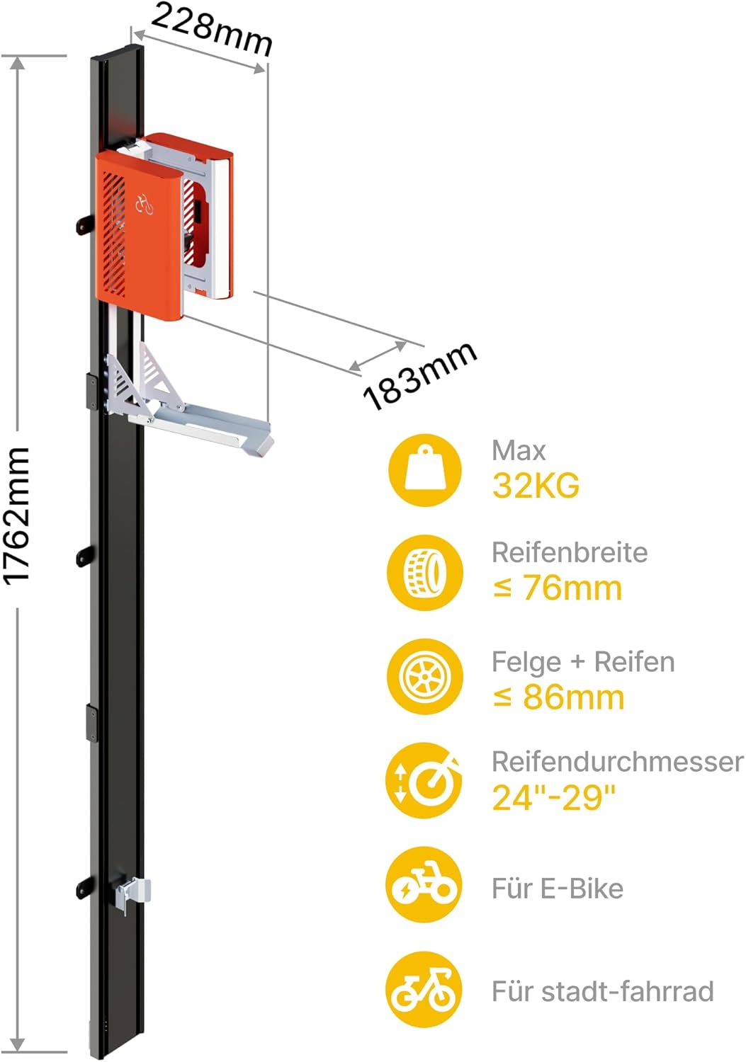 monTEK Porte-vélo automatique – Porte-vélo vertical pour vélos lourds (jusqu’à 32 kg) – Montage simple, support mural peu encombrant pour garage, remise, appartement – Pour pneus 24-29, vélos – Image 8