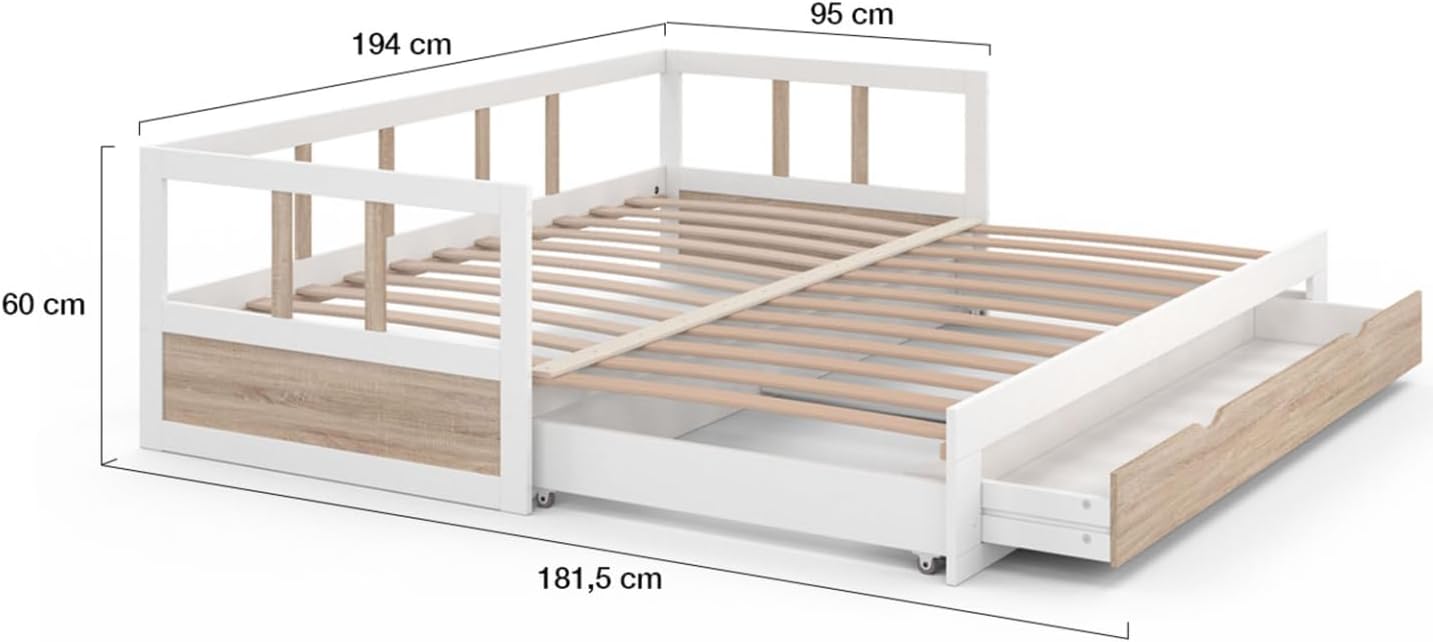 IDMarket - Lit Banquette 90 x 190 cm Zoya Convertible 180 x 190 cm Blanc et hêtre avec 1 tiroir de Rangement – Image 3