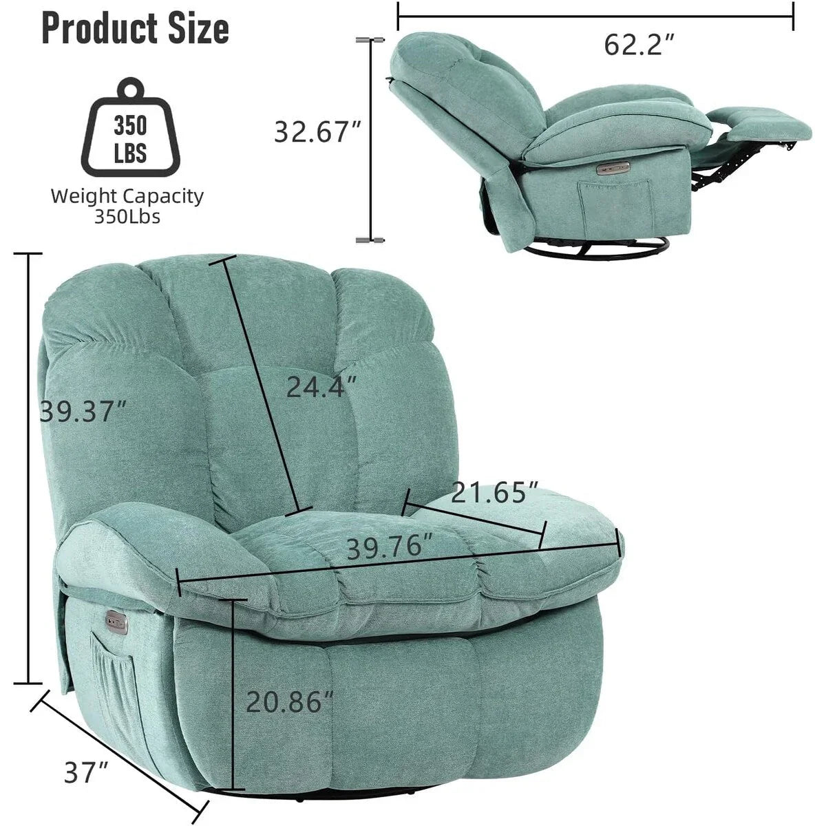 XINMICS Swivel Power Recliner Chair, Massage Rocker Recliners with Heated ,USB, USB-C and Side Pocket – Image 20