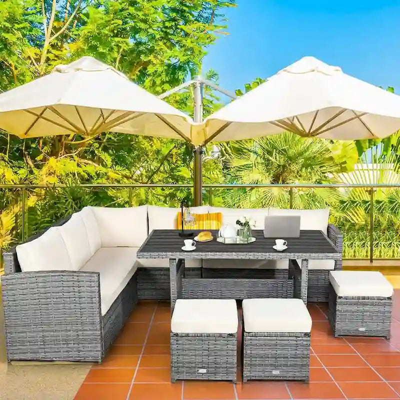 7 Pcs All-Weather Patio Rattan Dining Furniture Sectional Sofa Set with Wicker Ottoman and Cushed Couch – Image 33