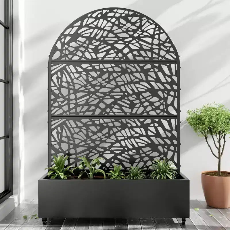 MAYEERTY 72x47 Black Arched Iron Planter Box with Trellis, 3 Piece Set Decorative Garden Screen for Patio and Balcony – Image 3
