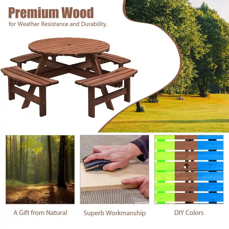 8-Person Outdoor Patio Fir Wood Round Picnic Dining Set with 4 Built-in Benches and Umbrella Hole – Image 8