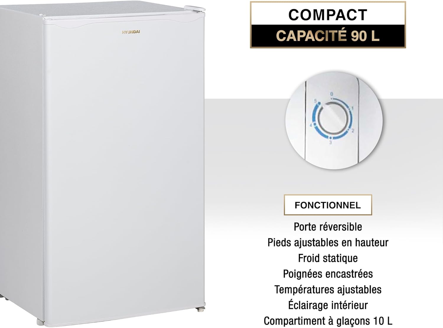 HYUNDAI Réfrigérateur Table Top 90 L Keep Fresh, Compact avec Freezer, Porte Réversible, 2 Clayettes Verre, Bac à Légumes, 41 dB (Blanc) – Image 6