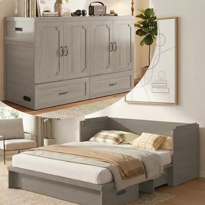 Mjkone Queen Size Convertible Murphy Cabinet Bed with Mattress, USB Charging, Storage Drawers – Image 38