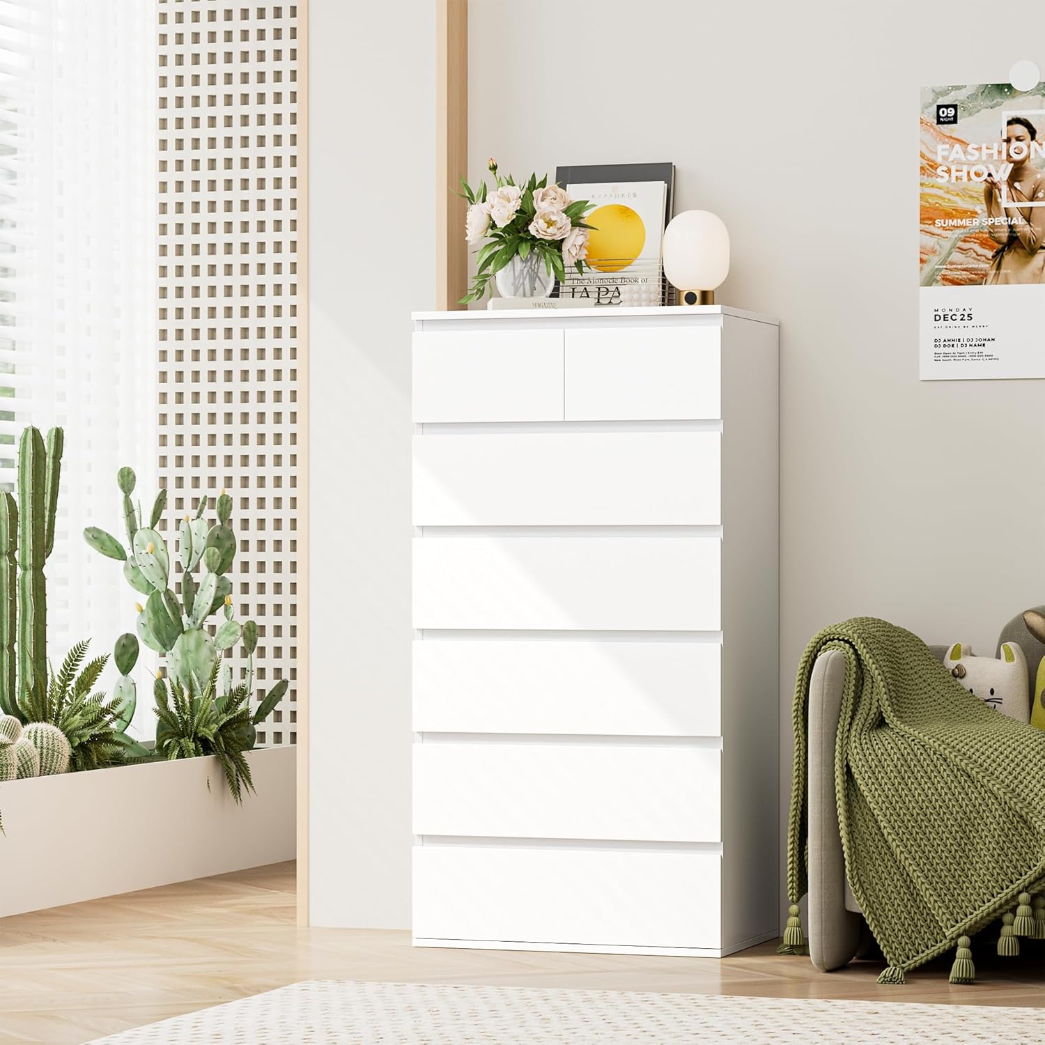 FOREHILL Commode 7 Tiroirs Commode Chambre Adulte Chiffonnier Haut Commodes Rangement Blanche Armoire à Tiroirs pour Salon Couloir en Bois 60x40x119cm – Image 2