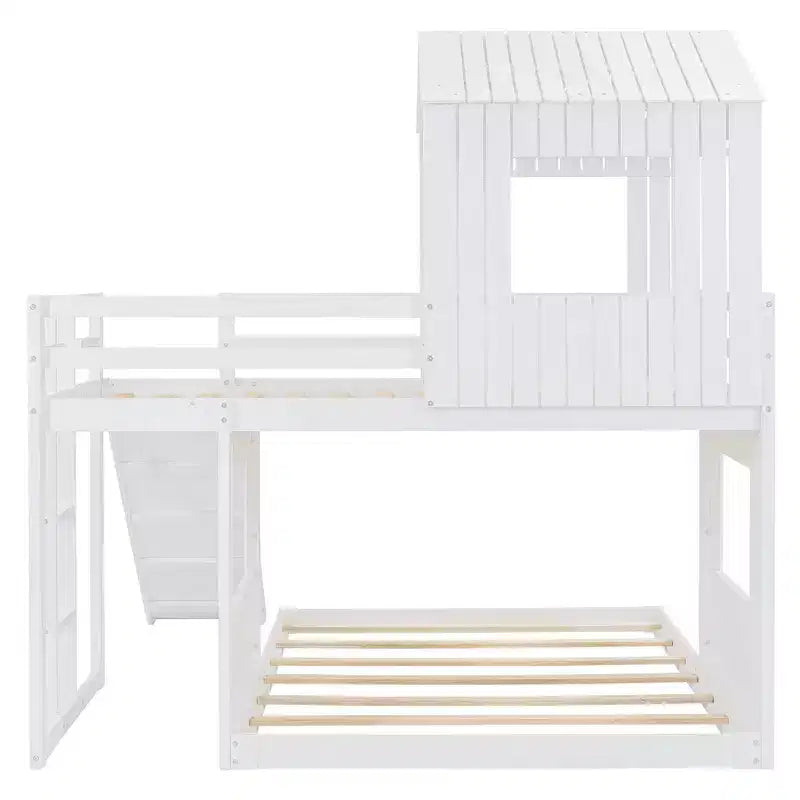 Luxystar Twin Over Full Wood Bunk Bed with Playhouse, Slide and Guardrails – Image 7