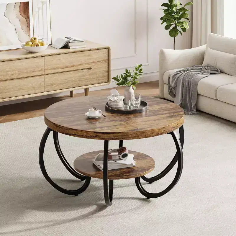 30 Inch Round Industrial Coffee Table 2-Tier with Adjustable Feet Wood Grain Shelf Flame Design Easy Assembly Living Room – Image 6