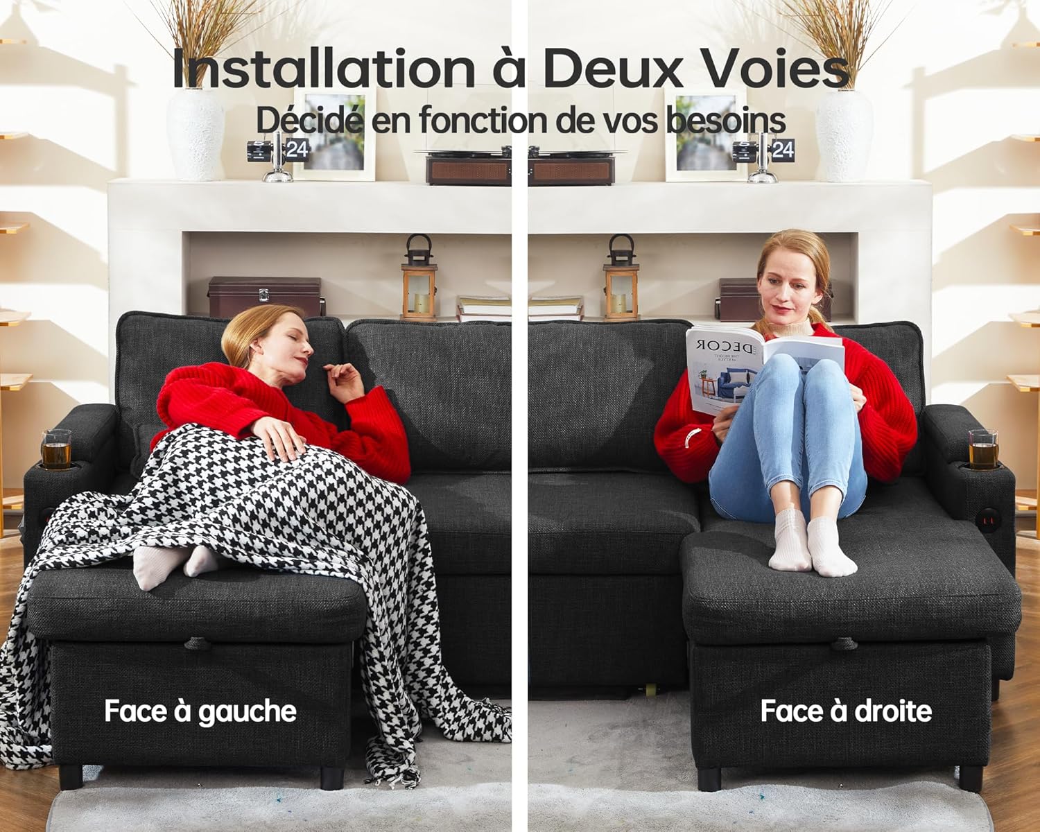 DURASPACE Canapé d'angle Convertible, Canapé Lit 3 Places en L avec Chaise Réversible, Canapé avec Rangement, Port USB et Porte-gobelet – Image 6