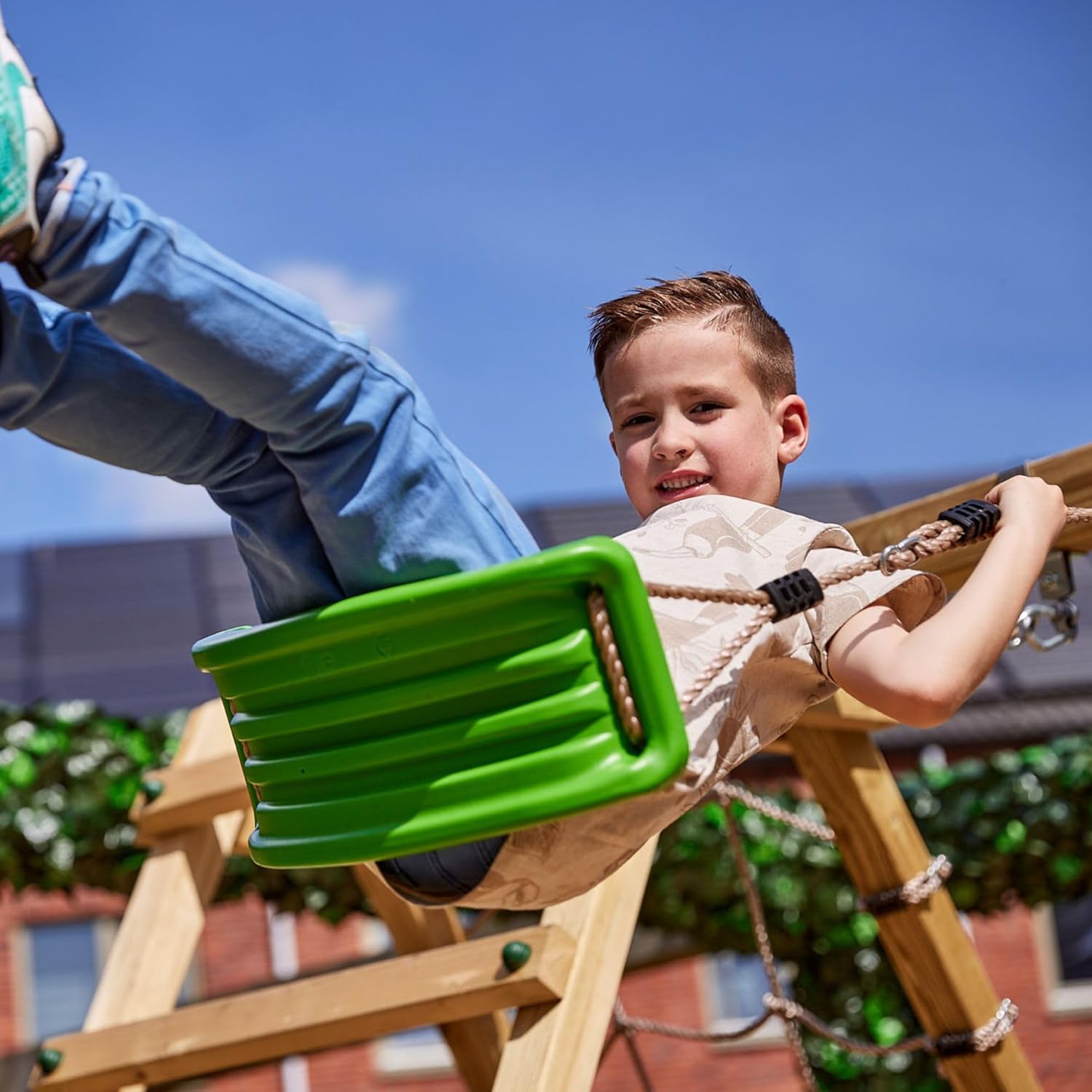 FATMOOSE Portique de Balançoire JollyJack - Double Avec Toboggan Vert Pomme et Annexe à Grimper, en Bois Pour Enfants Dans Le Jardin – Image 7