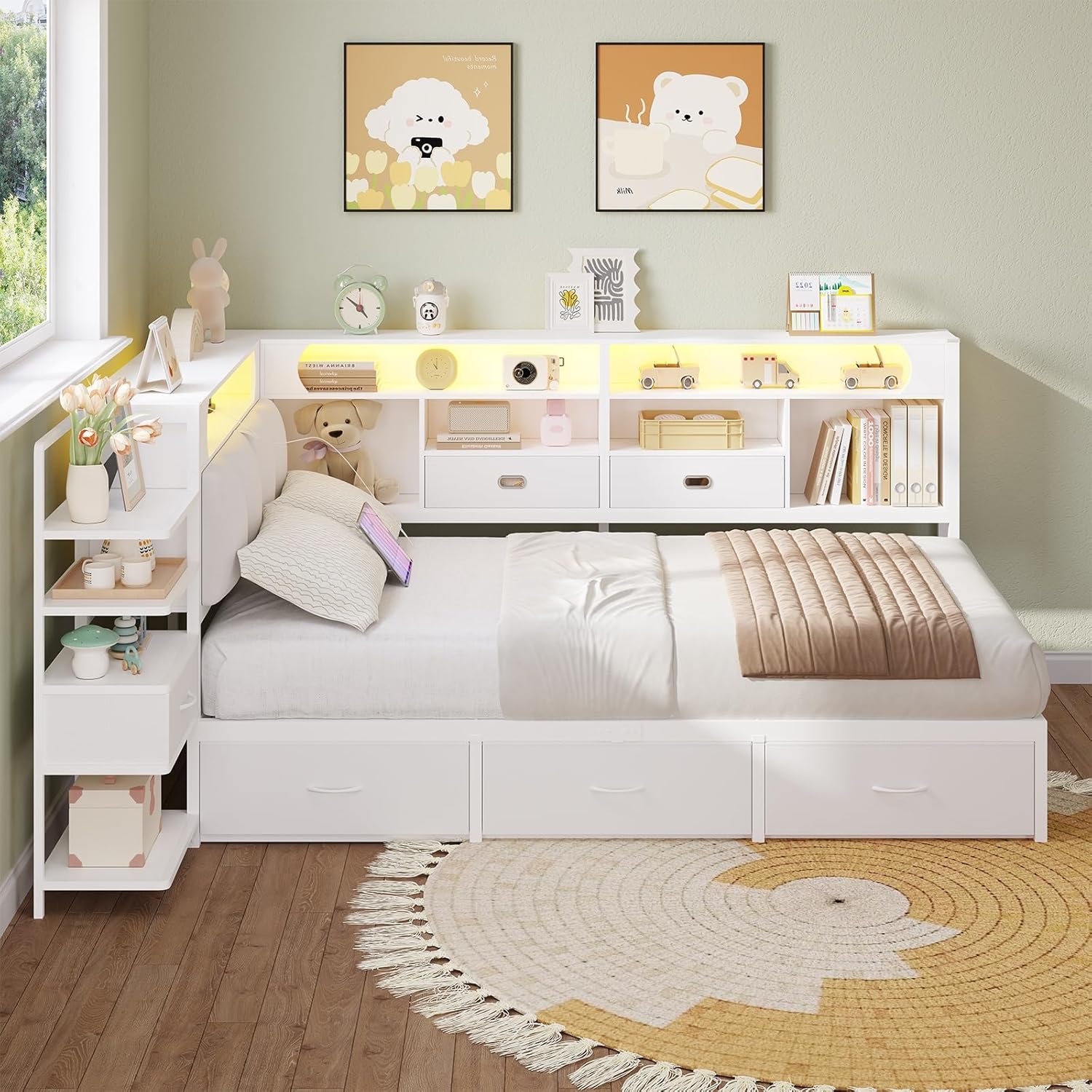 DICTAC Lit 90x190 en L – Banquette-Lit 1 Place avec Tête de Lit Capitonnée (Rangement Secret + Table de Nuit Intégrée), LED RGB & Recharge | Idéal pour Studio & Chambre (Blanc) | 3tiroirs sous le lit – Image 9