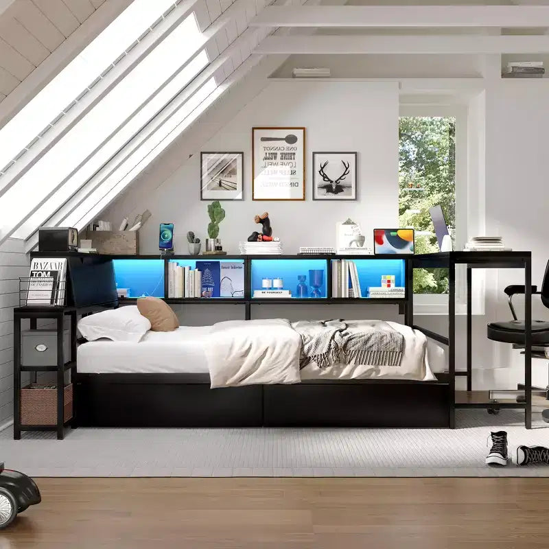 GDFStudio Curme Modern Corner Bed with Bookcase and 2 Underbed Storage Drawers – Image 2
