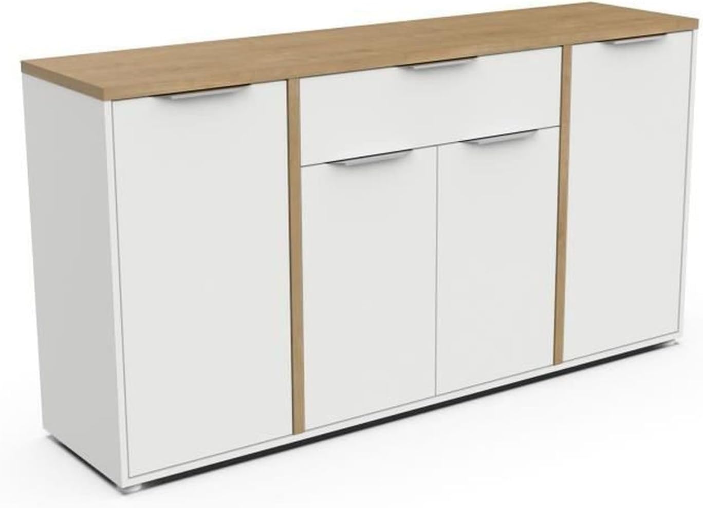 Buffet Moderne 4 Portes et 1 Tiroir - Style Scandinave - Coloris Blanc Mat et Chêne Hamilton - 160,7 x 39,6 x 85,6 cm