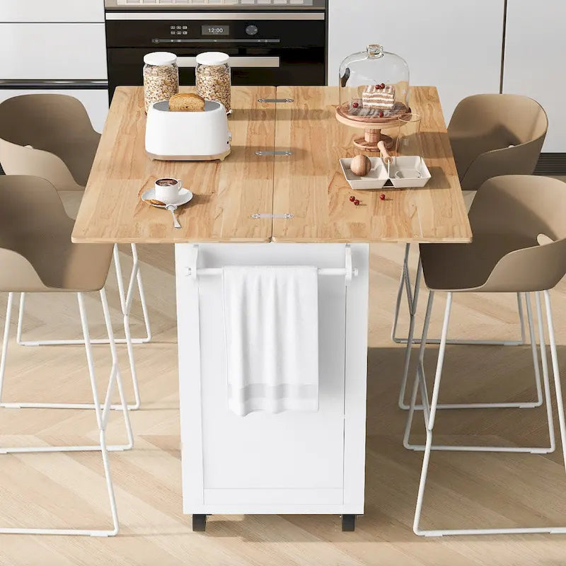 Kitchen Island with Foldable Counter Top, Kitchen Storage Cart with Slide-Out Shelf, Towel Rack and Drawer, Rolling Wheels – Image 20