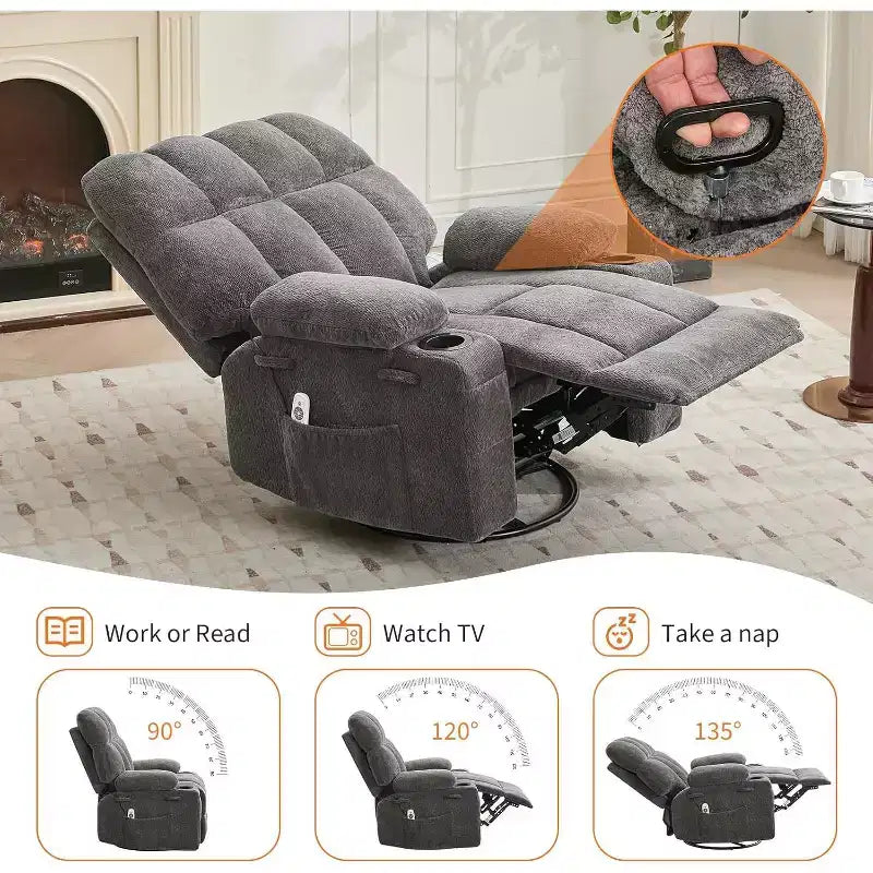 Oversized Recliner Chair for Adults, Manual Swivel Rocker Sofa, Side Pockets & Cup Holders for Big and Tall Persons, Living Room – Image 8