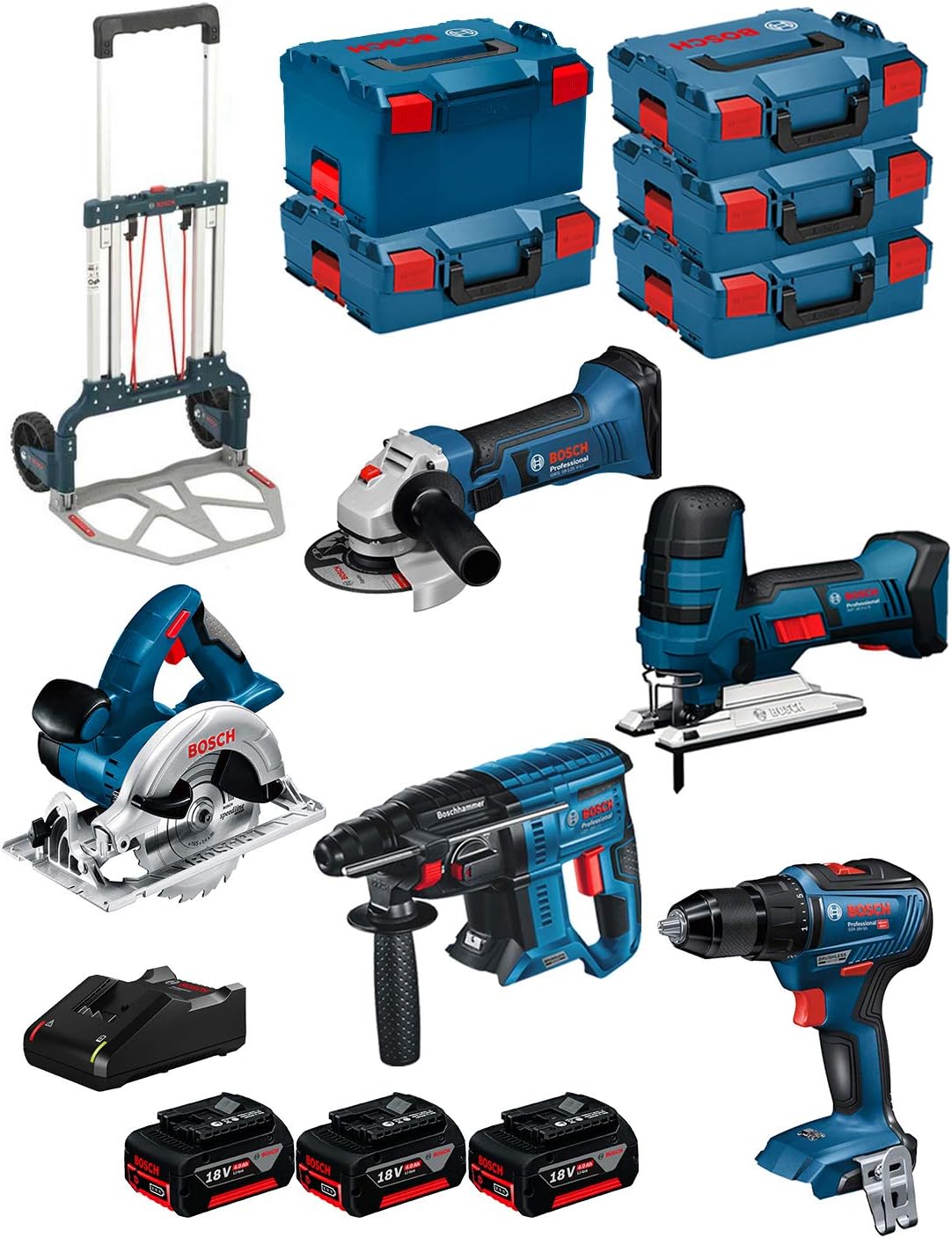 BOSCH Kit 18V BK501 (GST 18 V-LI S + GKS 18 V-LI + GBH 18V-21 + GWS 18-125 V-LI + GSR 18V-55 + 3 Batteries de 4,0 Ah + Chargeur + 4 x L-Boxx 136 + L-Boxx 238 + Caddy)