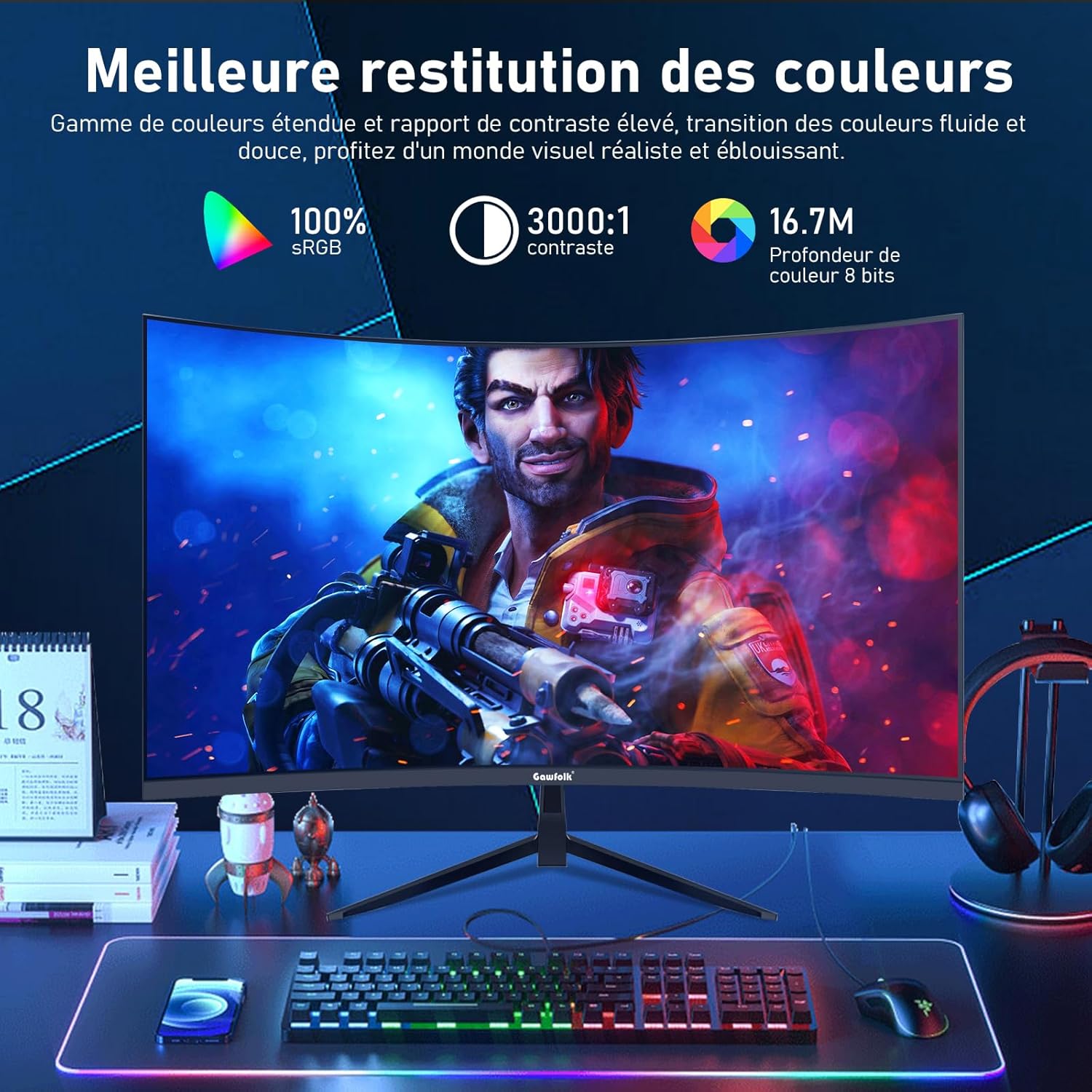 Gawfolk Écran PC 32 Pouces,2K WQHD(2560x1440P),165Hz incurvé Gaming Moniteur, 1ms sans Lunette, 100 pour cent sRGB,178 ° Angle Vue HDMI、DisplayPort, Compatible avec Mural VESA100*100MM - Noir – Image 5