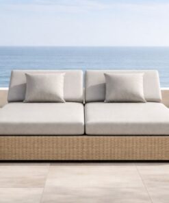 Double Méridienne Extérieure Coussin Beige Structure en Rotin Synthétique