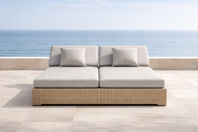 Double Méridienne Extérieure Coussin Beige Structure en Rotin Synthétique